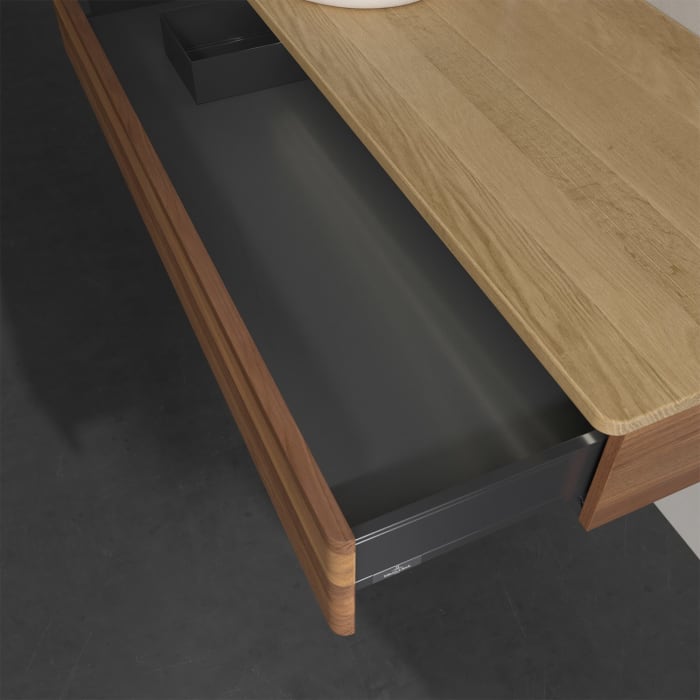 Villeroy & Boch Antao Waschbeckenunterschrank, 120 x 19 cm, 1 Auszug mit LED-Licht, Front ohne Struktur, mit Hahnloch, für Waschtisch links