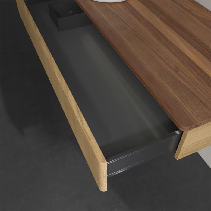 Villeroy & Boch Antao Waschbeckenunterschrank, 120 x 19 cm, 1 Auszug mit LED-Licht, Front mit Struktur, ohne Hahnloch, für Waschtisch links