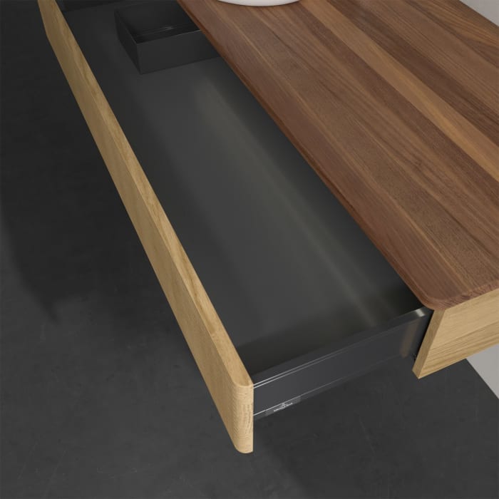 Villeroy & Boch Antao Waschbeckenunterschrank, 120 x 19 cm, 1 Auszug mit LED-Licht, Front mit Struktur, mit Hahnloch, für Waschtisch links