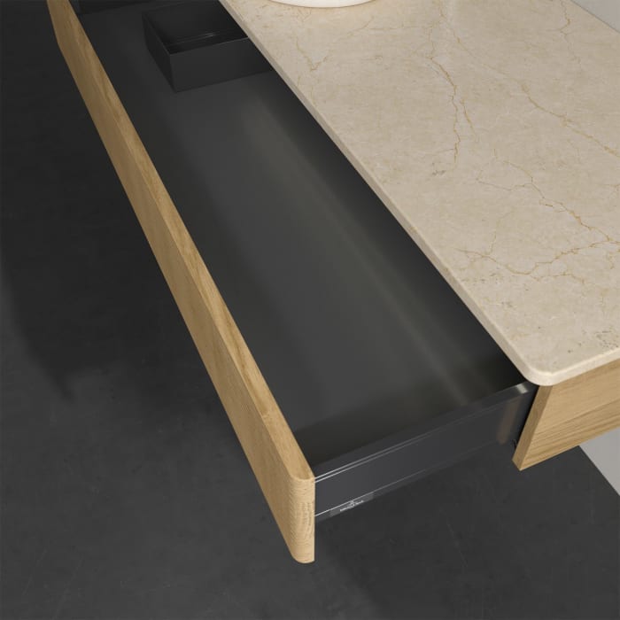 Villeroy & Boch Antao Waschbeckenunterschrank, 120 x 19 cm, 1 Auszug mit LED-Licht, Front mit Struktur, mit Hahnloch, für Waschtisch links