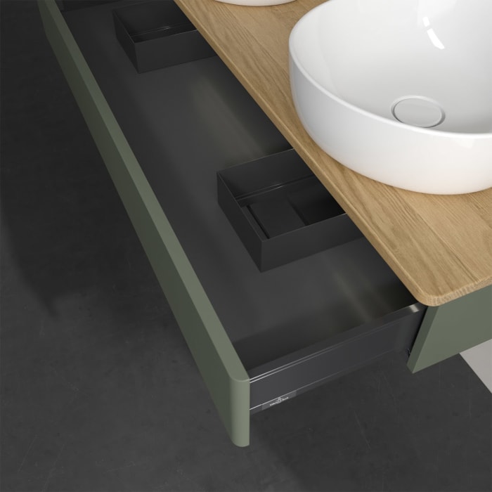 Villeroy & Boch Antao Waschbeckenunterschrank, 120 x 19 cm, 1 Auszug mit LED-Licht, Front ohne Struktur, mit Hahnloch, für Waschtisch links und rechts