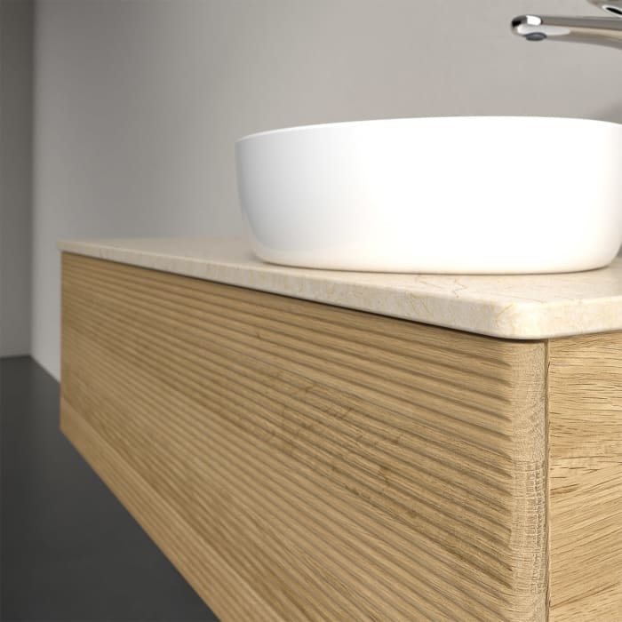 Villeroy & Boch Antao Waschbeckenunterschrank, 120 x 36 cm, 1 Auszug mit LED-Licht, Front mit Struktur, mit Hahnloch, für Waschtisch rechts