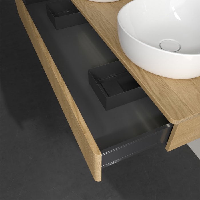 Villeroy & Boch Antao Waschbeckenunterschrank, 120 x 19 cm, 1 Auszug mit LED-Licht, Front mit Struktur, ohne Hahnloch, für Waschtisch links und rechts