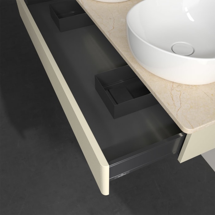 Villeroy & Boch Antao Waschbeckenunterschrank, 120 x 19 cm, 1 Auszug mit LED-Licht, Front mit Struktur, mit Hahnloch, für Waschtisch links und rechts