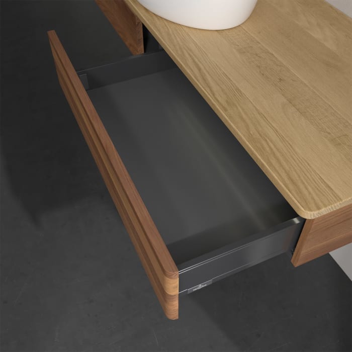 Villeroy & Boch Antao Waschbeckenunterschrank, 160 x 19 cm, 2 Auszüge mit LED-Licht, Front ohne Struktur, ohne Hahnloch, für Waschtisch mittig