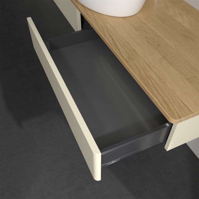 Villeroy & Boch Antao Waschbeckenunterschrank, 160 x 19 cm, 2 Auszüge mit LED-Licht, Front ohne Struktur, mit Hahnloch, für Waschtisch mittig