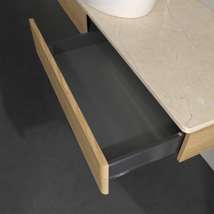 Villeroy & Boch Antao Waschbeckenunterschrank, 160 x 19 cm, 2 Auszüge mit LED-Licht, Front ohne Struktur, mit Hahnloch, für Waschtisch mittig