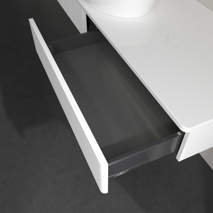 Villeroy & Boch Antao Waschbeckenunterschrank, 160 x 19 cm, 2 Auszüge mit LED-Licht, Front mit Struktur, ohne Hahnloch, für Waschtisch mittig