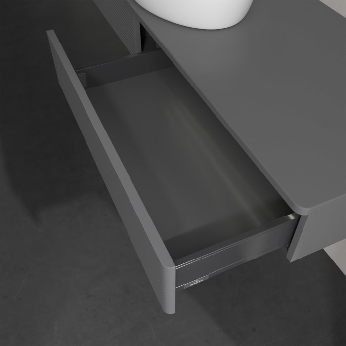 Villeroy & Boch Antao Waschbeckenunterschrank, 160 x 19 cm, 2 Auszüge mit LED-Licht, Front mit Struktur, ohne Hahnloch, für Waschtisch mittig