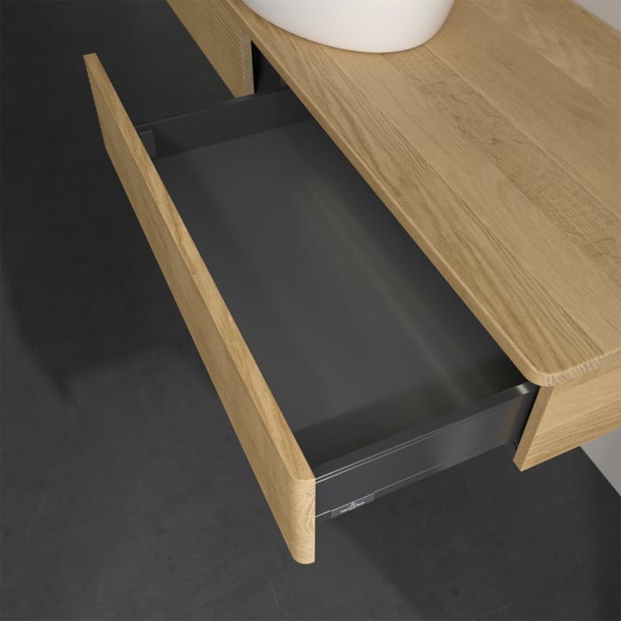 Villeroy & Boch Antao Waschbeckenunterschrank, 160 x 19 cm, 2 Auszüge mit LED-Licht, Front mit Struktur, ohne Hahnloch, für Waschtisch mittig