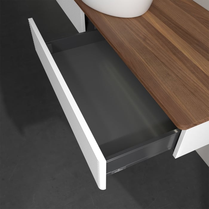 Villeroy & Boch Antao Waschbeckenunterschrank, 160 x 19 cm, 2 Auszüge mit LED-Licht, Front mit Struktur, ohne Hahnloch, für Waschtisch mittig