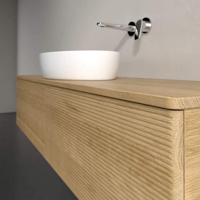 Villeroy & Boch Antao Waschbeckenunterschrank, 160 x 36 cm, 2 Auszüge mit LED-Licht, Front mit Struktur, ohne Hahnloch, für Waschtisch mittig