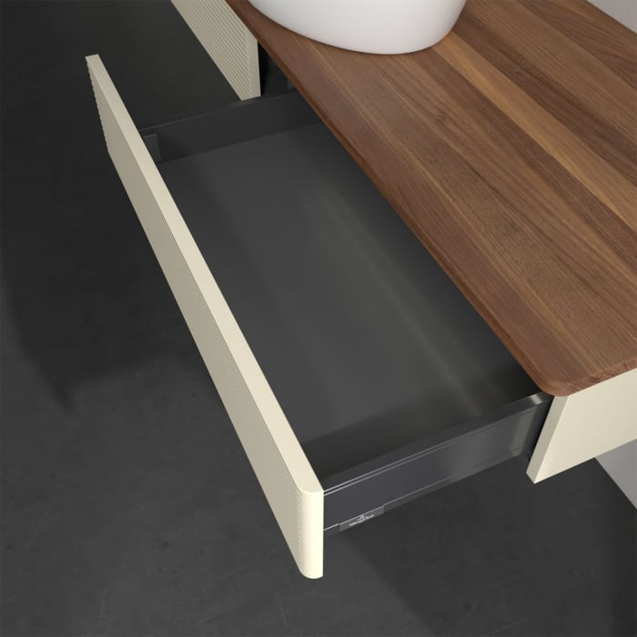 Villeroy & Boch Antao Waschbeckenunterschrank, 160 x 19 cm, 2 Auszüge mit LED-Licht, Front mit Struktur, ohne Hahnloch, für Waschtisch mittig