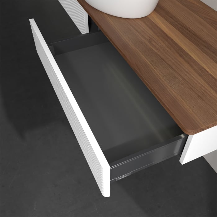 Villeroy & Boch Antao Waschbeckenunterschrank, 160 x 19 cm, 2 Auszüge mit LED-Licht, Front mit Struktur, ohne Hahnloch, für Waschtisch mittig