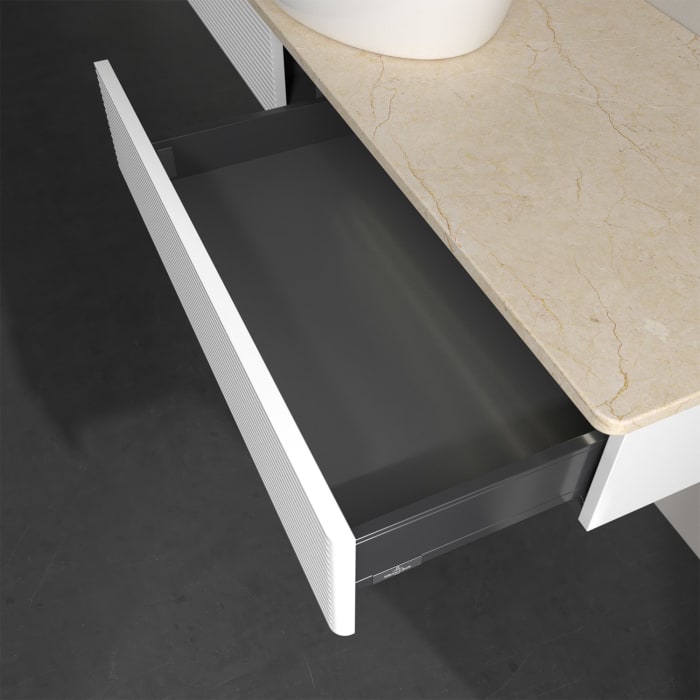 Villeroy & Boch Antao Waschbeckenunterschrank, 160 x 19 cm, 2 Auszüge mit LED-Licht, Front mit Struktur, ohne Hahnloch, für Waschtisch mittig