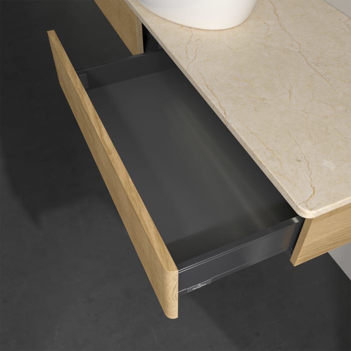 Villeroy & Boch Antao Waschbeckenunterschrank, 160 x 19 cm, 2 Auszüge mit LED-Licht, Front mit Struktur, ohne Hahnloch, für Waschtisch mittig