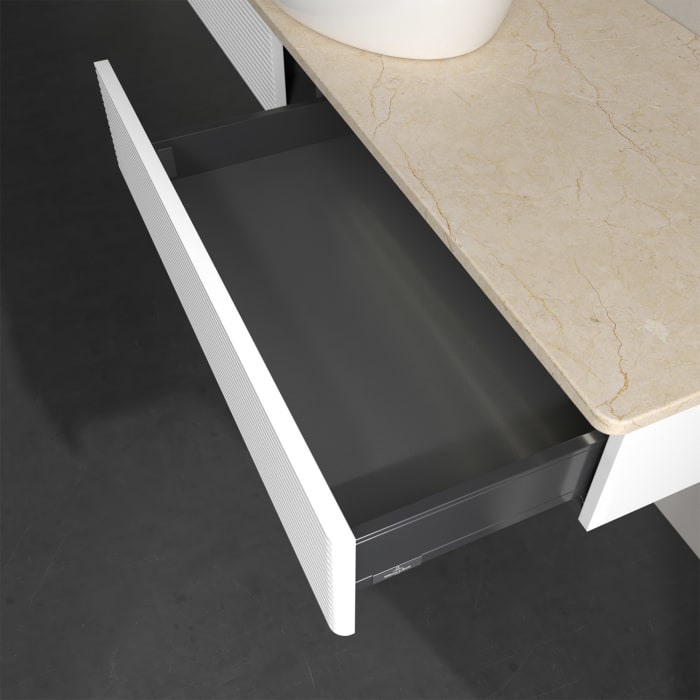 Villeroy & Boch Antao Waschbeckenunterschrank, 160 x 19 cm, 2 Auszüge mit LED-Licht, Front mit Struktur, ohne Hahnloch, für Waschtisch mittig