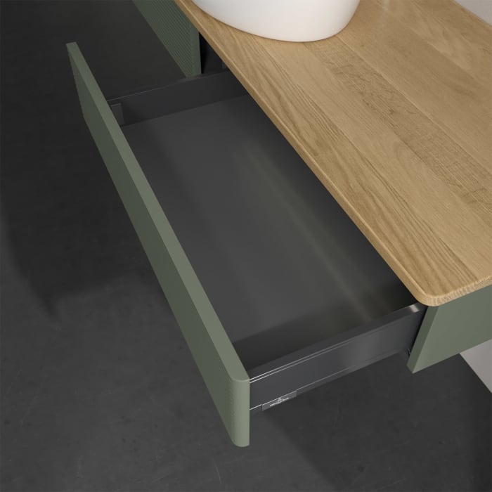 Villeroy & Boch Antao Waschbeckenunterschrank, 160 x 19 cm, 2 Auszüge mit LED-Licht, Front mit Struktur, mit Hahnloch, für Waschtisch mittig