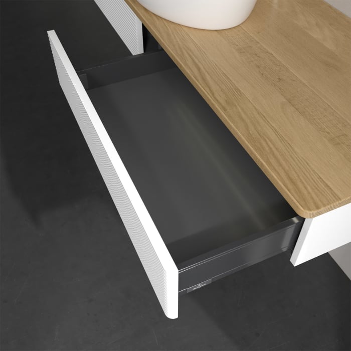 Villeroy & Boch Antao Waschbeckenunterschrank, 160 x 19 cm, 2 Auszüge mit LED-Licht, Front mit Struktur, mit Hahnloch, für Waschtisch mittig