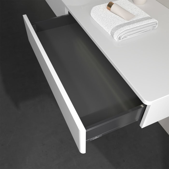 Villeroy & Boch Antao Waschbeckenunterschrank, 160 x 19 cm, 2 Auszüge mit LED-Licht, Front ohne Struktur, ohne Hahnloch, für Waschtisch links