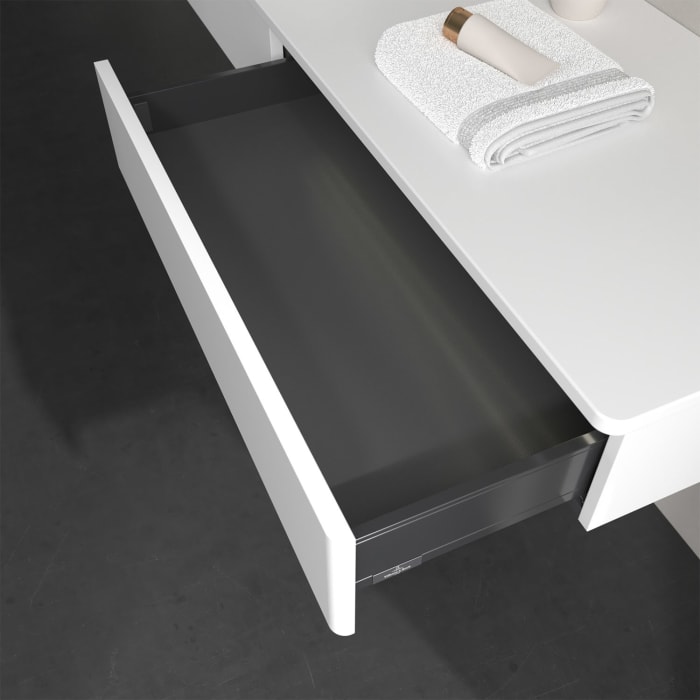 Villeroy & Boch Antao Waschbeckenunterschrank, 160 x 19 cm, 2 Auszüge mit LED-Licht, Front ohne Struktur, ohne Hahnloch, für Waschtisch links