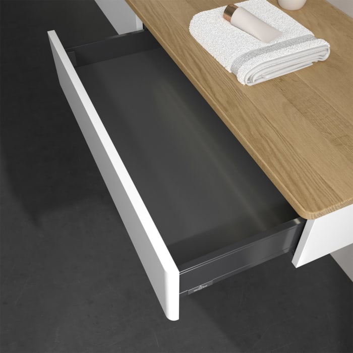 Villeroy & Boch Antao Waschbeckenunterschrank, 160 x 19 cm, 2 Auszüge mit LED-Licht, Front ohne Struktur, ohne Hahnloch, für Waschtisch links