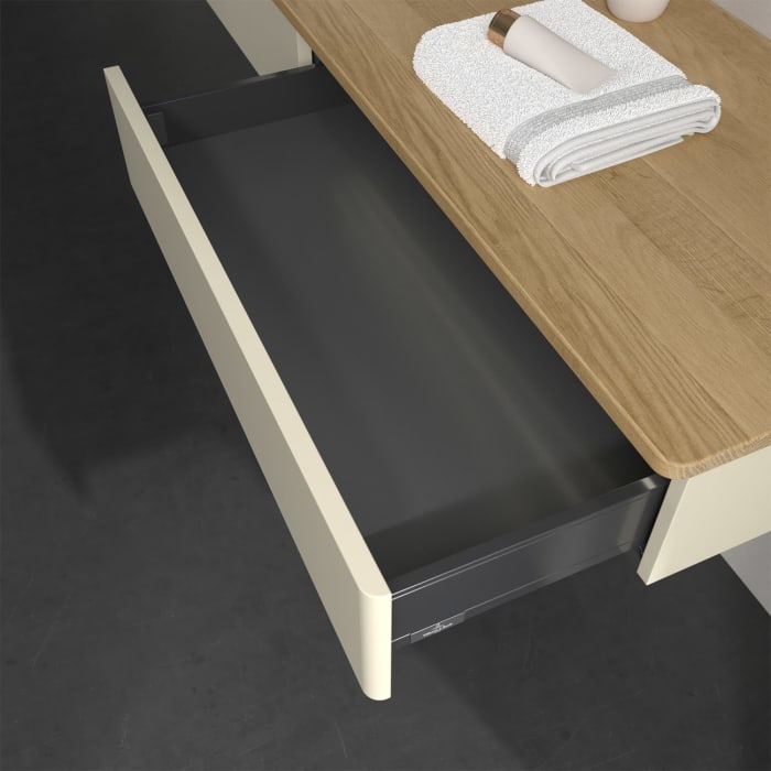 Villeroy & Boch Antao Waschbeckenunterschrank, 160 x 19 cm, 2 Auszüge mit LED-Licht, Front ohne Struktur, ohne Hahnloch, für Waschtisch links