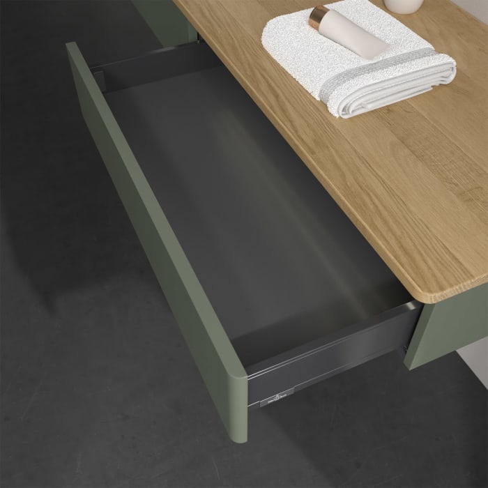 Villeroy & Boch Antao Waschbeckenunterschrank, 160 x 19 cm, 2 Auszüge mit LED-Licht, Front ohne Struktur, ohne Hahnloch, für Waschtisch links