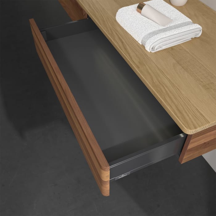 Villeroy & Boch Antao Waschbeckenunterschrank, 160 x 19 cm, 2 Auszüge mit LED-Licht, Front ohne Struktur, ohne Hahnloch, für Waschtisch links