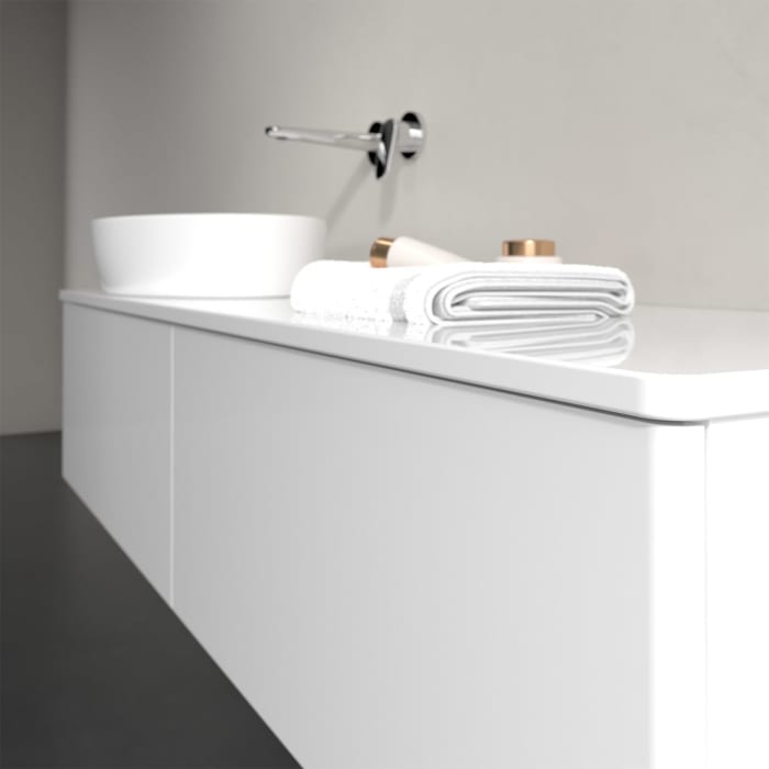 Villeroy & Boch Antao Waschbeckenunterschrank, 160 x 36 cm, 2 Auszüge mit LED-Licht, Front ohne Struktur, mit Hahnloch, für Waschtisch links