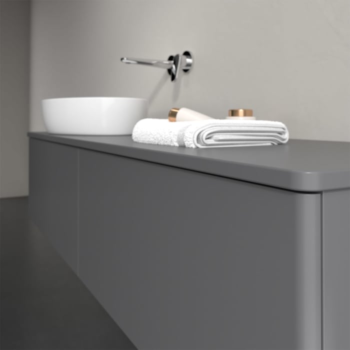 Villeroy & Boch Antao Waschbeckenunterschrank, 160 x 36 cm, 2 Auszüge mit LED-Licht, Front ohne Struktur, mit Hahnloch, für Waschtisch links