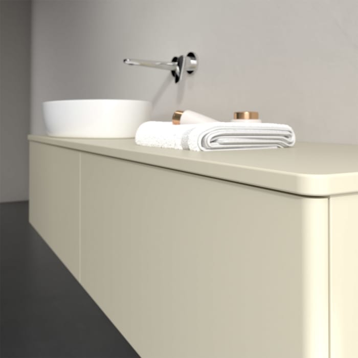 Villeroy & Boch Antao Waschbeckenunterschrank, 160 x 36 cm, 2 Auszüge mit LED-Licht, Front ohne Struktur, mit Hahnloch, für Waschtisch links