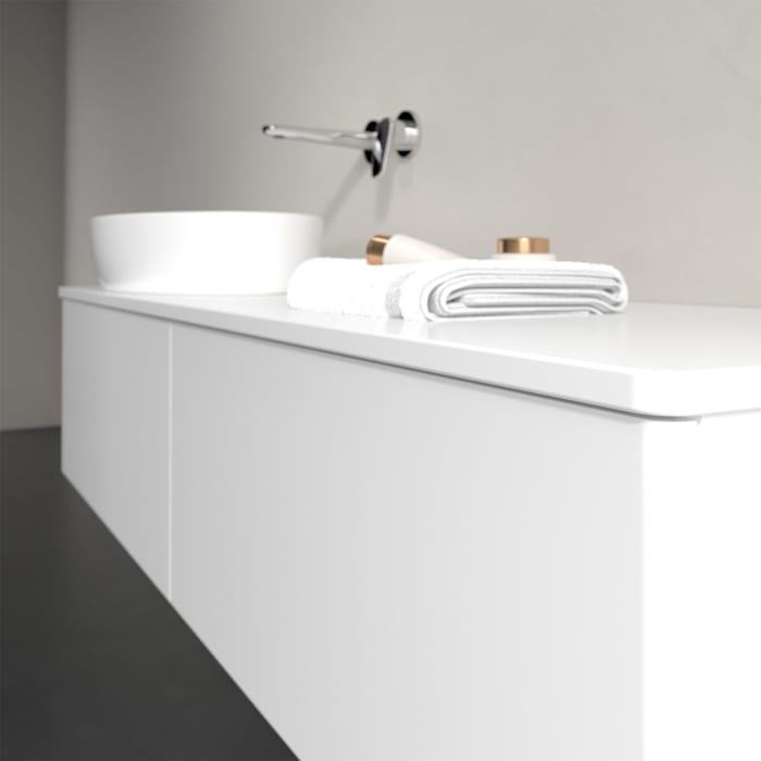 Villeroy & Boch Antao Waschbeckenunterschrank, 160 x 36 cm, 2 Auszüge mit LED-Licht, Front ohne Struktur, mit Hahnloch, für Waschtisch links