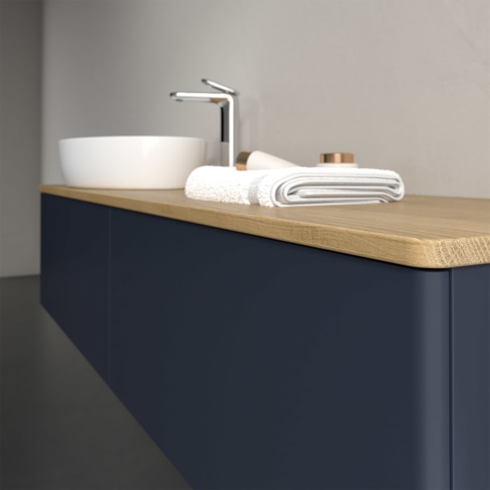 Villeroy & Boch Antao Waschbeckenunterschrank, 160 x 36 cm, 2 Auszüge mit LED-Licht, Front ohne Struktur, mit Hahnloch, für Waschtisch links