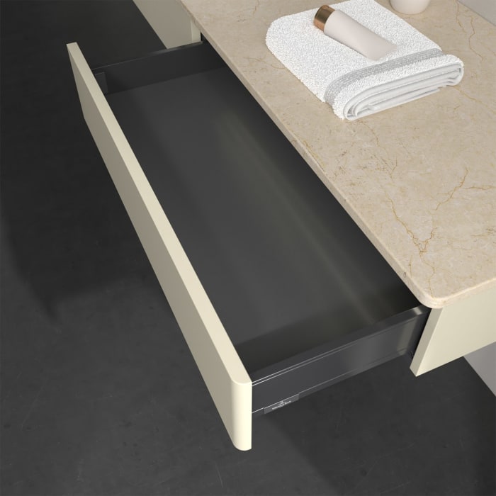 Villeroy & Boch Antao Waschbeckenunterschrank, 160 x 19 cm, 2 Auszüge mit LED-Licht, Front ohne Struktur, ohne Hahnloch, für Waschtisch links