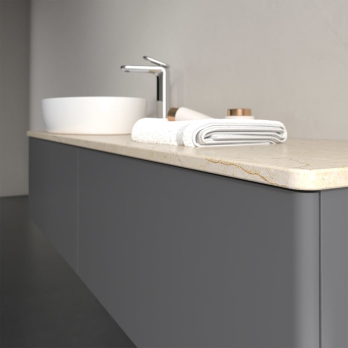 Villeroy & Boch Antao Waschbeckenunterschrank, 160 x 36 cm, 2 Auszüge mit LED-Licht, Front ohne Struktur, mit Hahnloch, für Waschtisch links