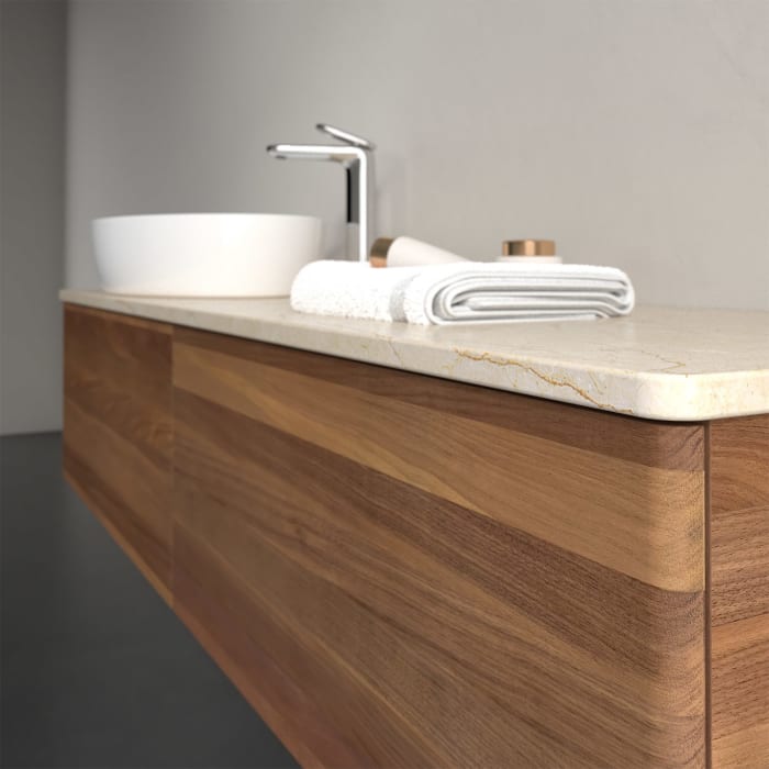 Villeroy & Boch Antao Waschbeckenunterschrank, 160 x 36 cm, 2 Auszüge mit LED-Licht, Front ohne Struktur, mit Hahnloch, für Waschtisch links