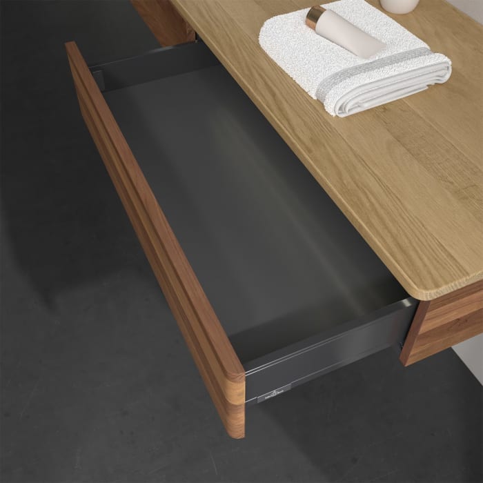 Villeroy & Boch Antao Waschbeckenunterschrank, 160 x 19 cm, 2 Auszüge mit LED-Licht, Front ohne Struktur, mit Hahnloch, für Waschtisch links