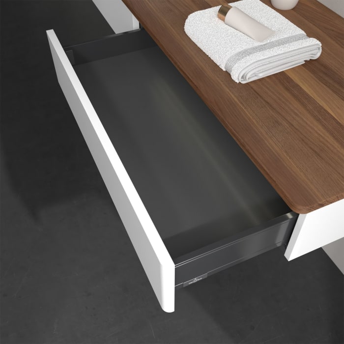 Villeroy & Boch Antao Waschbeckenunterschrank, 160 x 19 cm, 2 Auszüge mit LED-Licht, Front ohne Struktur, mit Hahnloch, für Waschtisch links