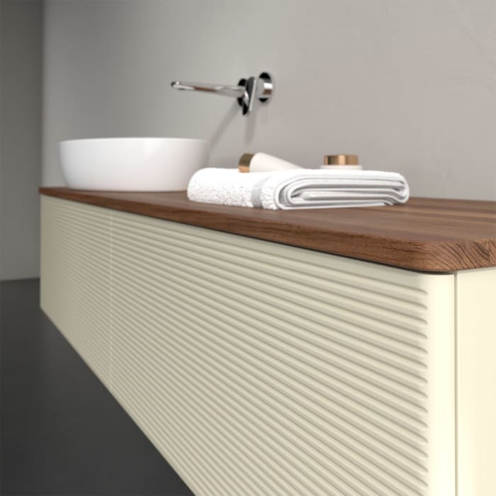 Villeroy & Boch Antao Waschbeckenunterschrank, 160 x 36 cm, 2 Auszüge mit LED-Licht, Front mit Struktur, ohne Hahnloch, für Waschtisch links