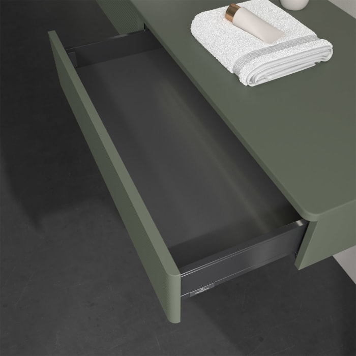 Villeroy & Boch Antao Waschbeckenunterschrank, 160 x 19 cm, 2 Auszüge mit LED-Licht, Front mit Struktur, ohne Hahnloch, für Waschtisch links