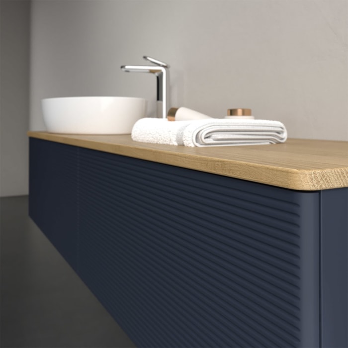 Villeroy & Boch Antao Waschbeckenunterschrank, 160 x 36 cm, 2 Auszüge mit LED-Licht, Front mit Struktur, mit Hahnloch, für Waschtisch links