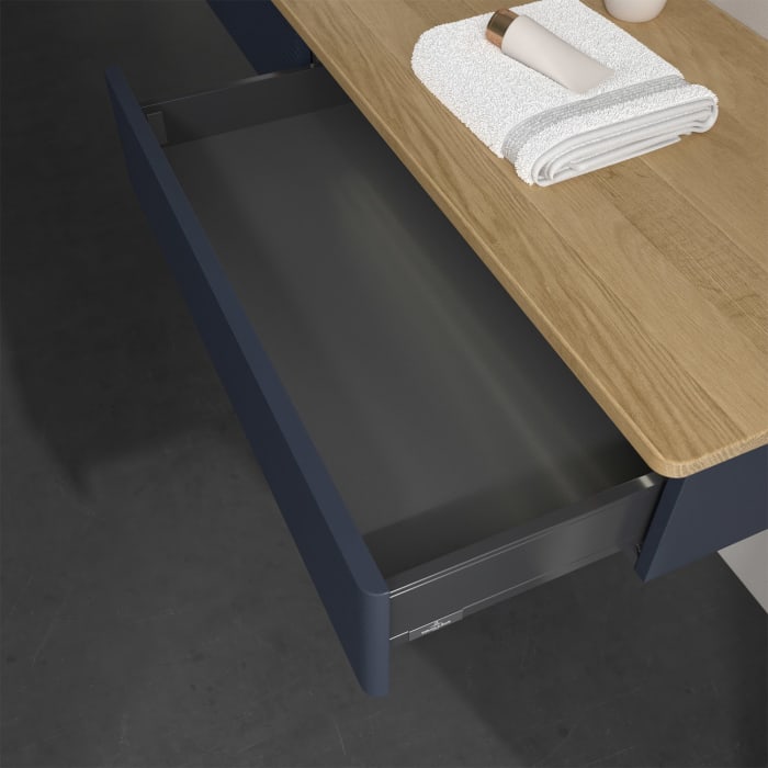 Villeroy & Boch Antao Waschbeckenunterschrank, 160 x 19 cm, 2 Auszüge mit LED-Licht, Front mit Struktur, ohne Hahnloch, für Waschtisch links