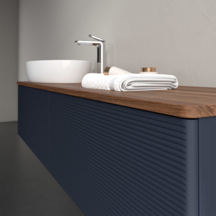 Villeroy & Boch Antao Waschbeckenunterschrank, 160 x 36 cm, 2 Auszüge mit LED-Licht, Front mit Struktur, mit Hahnloch, für Waschtisch links