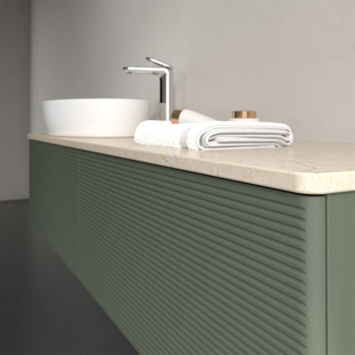 Villeroy & Boch Antao Waschbeckenunterschrank, 160 x 36 cm, 2 Auszüge mit LED-Licht, Front mit Struktur, mit Hahnloch, für Waschtisch links