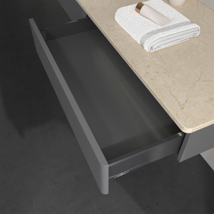 Villeroy & Boch Antao Waschbeckenunterschrank, 160 x 19 cm, 2 Auszüge mit LED-Licht, Front mit Struktur, ohne Hahnloch, für Waschtisch links