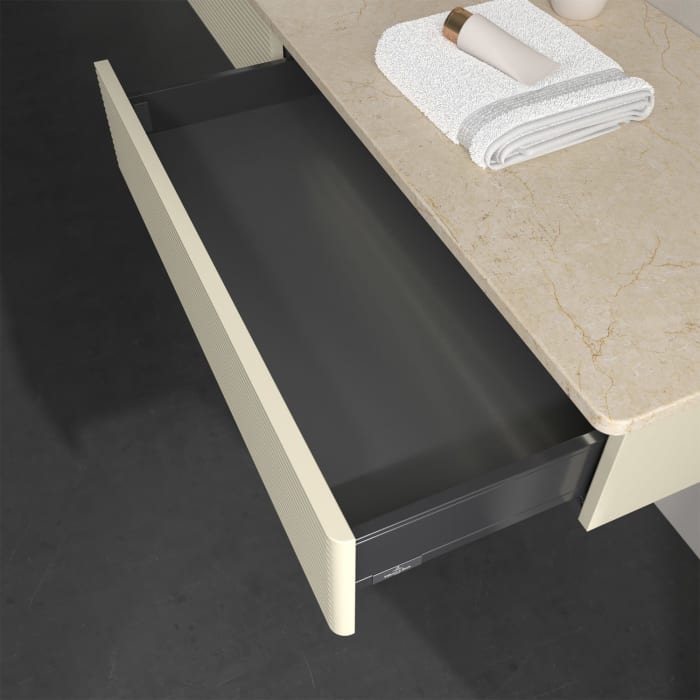 Villeroy & Boch Antao Waschbeckenunterschrank, 160 x 19 cm, 2 Auszüge mit LED-Licht, Front mit Struktur, ohne Hahnloch, für Waschtisch links