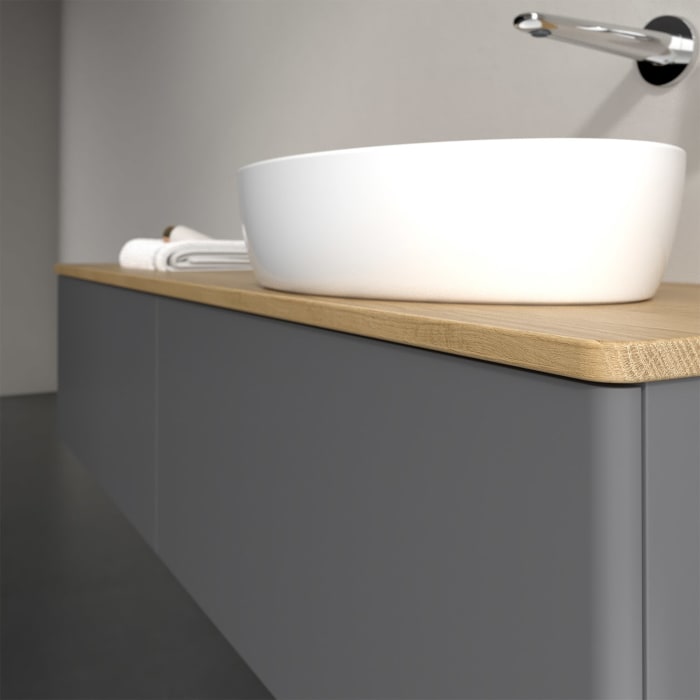 Villeroy & Boch Antao Waschbeckenunterschrank, 160 x 36 cm, 2 Auszüge mit LED-Licht, Front ohne Struktur, ohne Hahnloch, für Waschtisch rechts