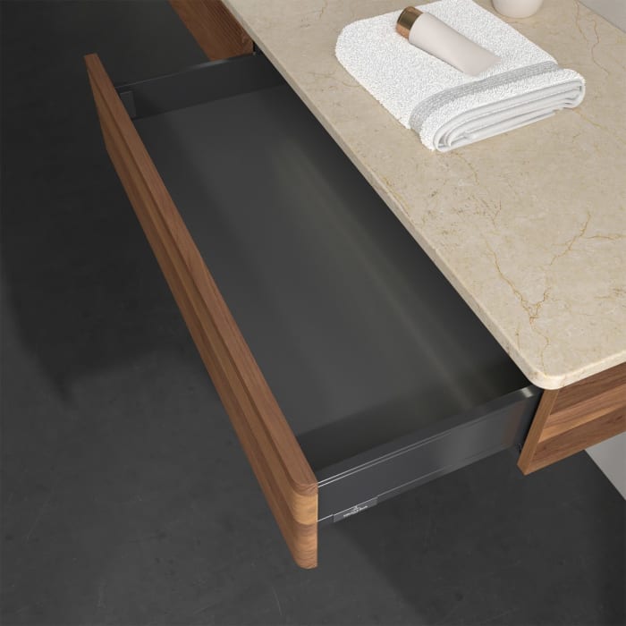 Villeroy & Boch Antao Waschbeckenunterschrank, 160 x 19 cm, 2 Auszüge mit LED-Licht, Front mit Struktur, ohne Hahnloch, für Waschtisch links