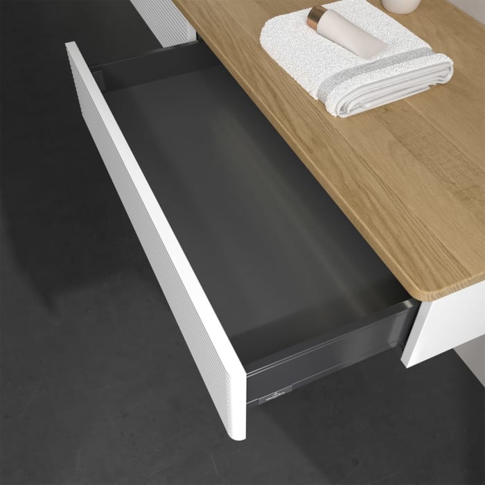 Villeroy & Boch Antao Waschbeckenunterschrank, 160 x 19 cm, 2 Auszüge mit LED-Licht, Front mit Struktur, mit Hahnloch, für Waschtisch links